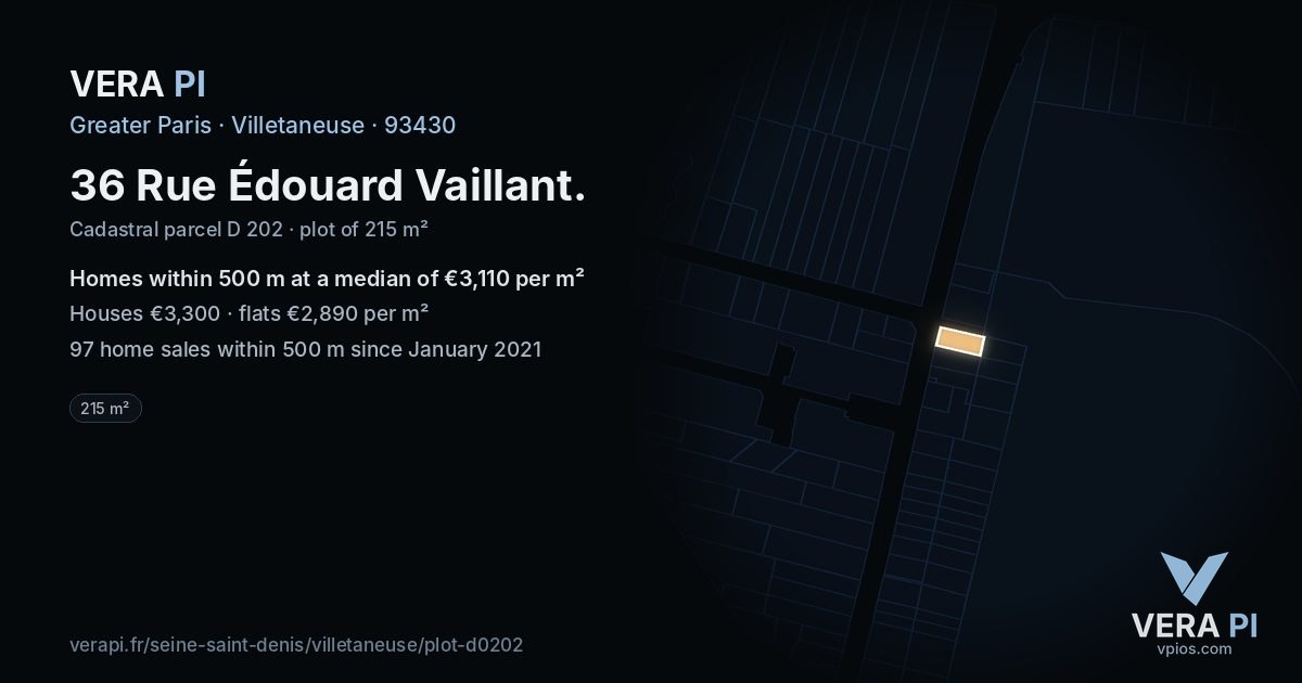 36 Rue Édouard Vaillant, Villetaneuse at night – the plot lit, the parcels around coloured by the prices near them