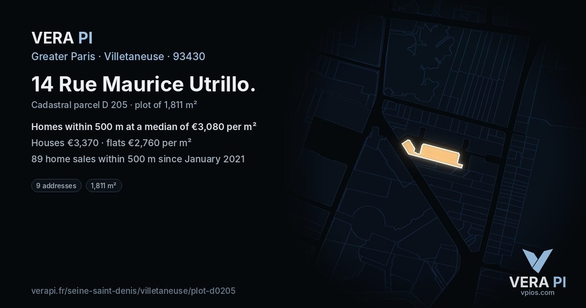 14 Rue Maurice Utrillo, Villetaneuse at night – the plot lit, the parcels around coloured by the prices near them
