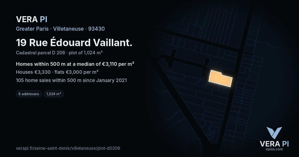 19 Rue Édouard Vaillant, Villetaneuse at night – the plot lit, the parcels around coloured by the prices near them