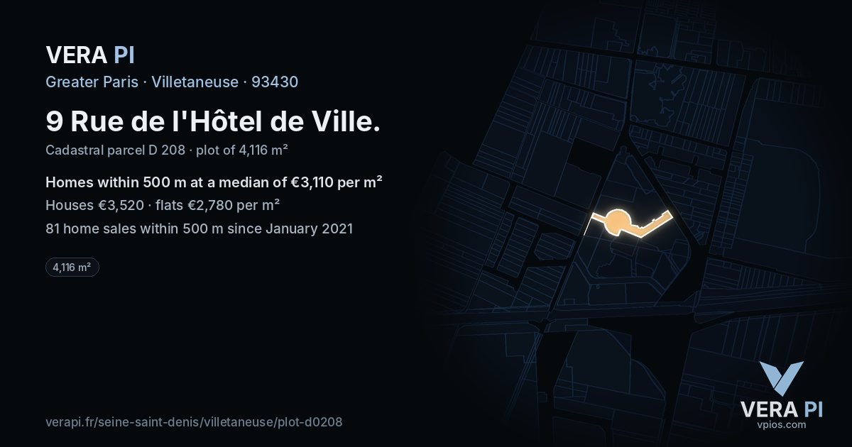 9 Rue de l'Hôtel de Ville, Villetaneuse at night – the plot lit, the parcels around coloured by the prices near them