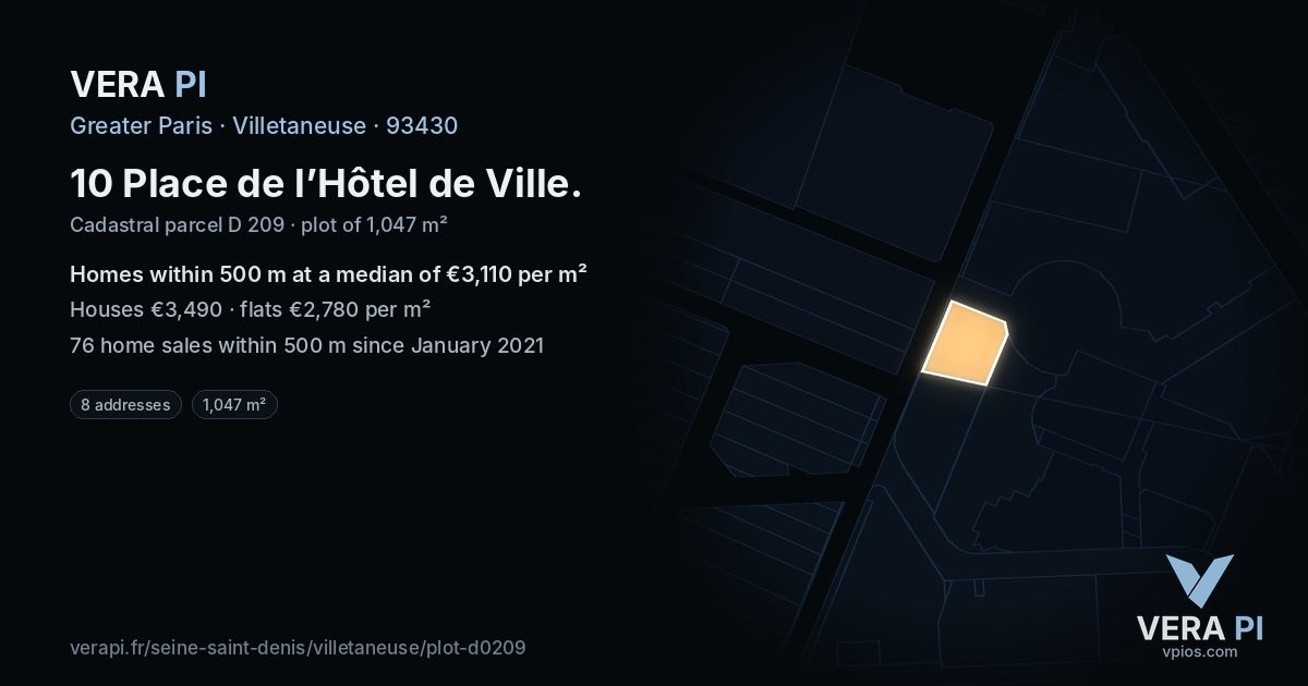10 Place de l’Hôtel de Ville, Villetaneuse at night – the plot lit, the parcels around coloured by the prices near them