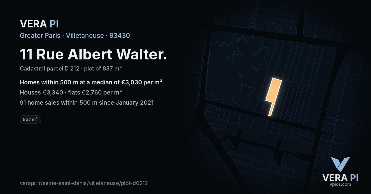 11 Rue Albert Walter, Villetaneuse at night – the plot lit, the parcels around coloured by the prices near them