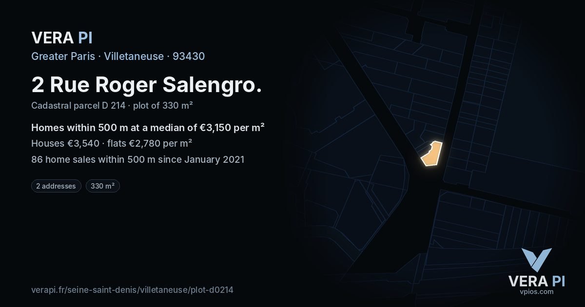 2 Rue Roger Salengro, Villetaneuse at night – the plot lit, the parcels around coloured by the prices near them