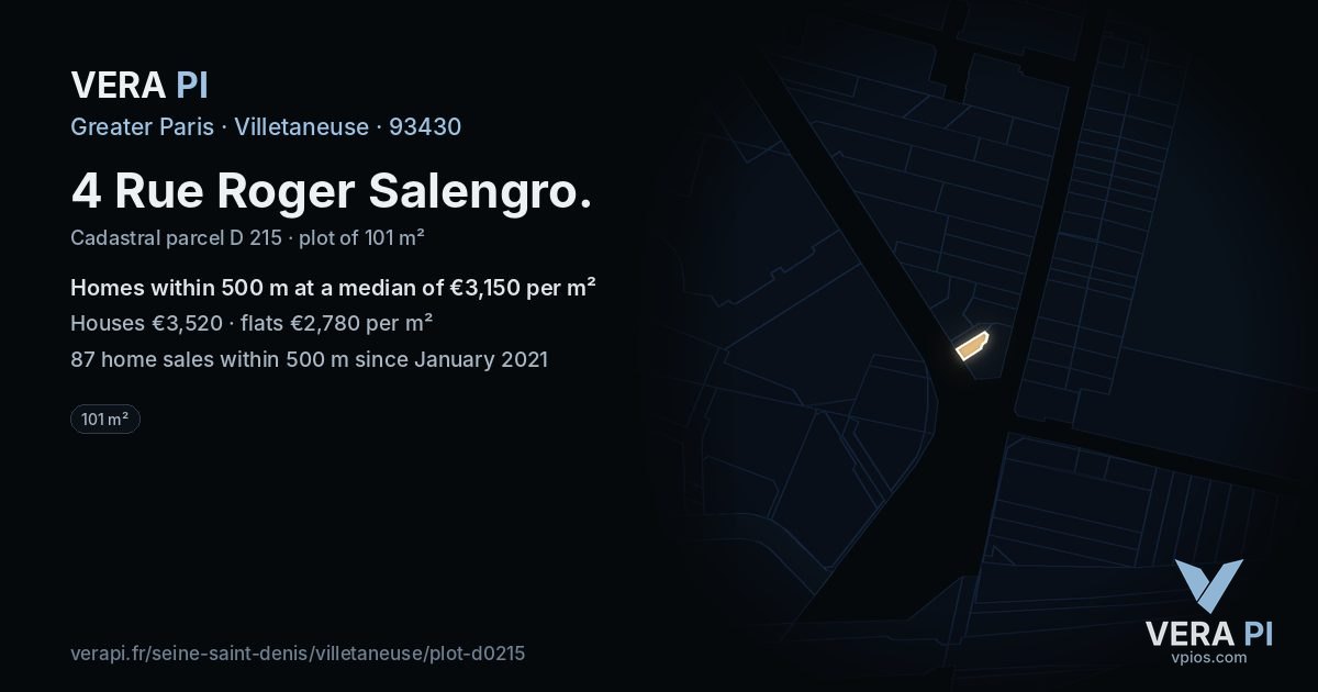 4 Rue Roger Salengro, Villetaneuse at night – the plot lit, the parcels around coloured by the prices near them