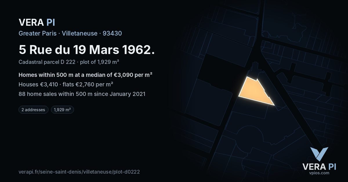 5 Rue du 19 Mars 1962, Villetaneuse at night – the plot lit, the parcels around coloured by the prices near them