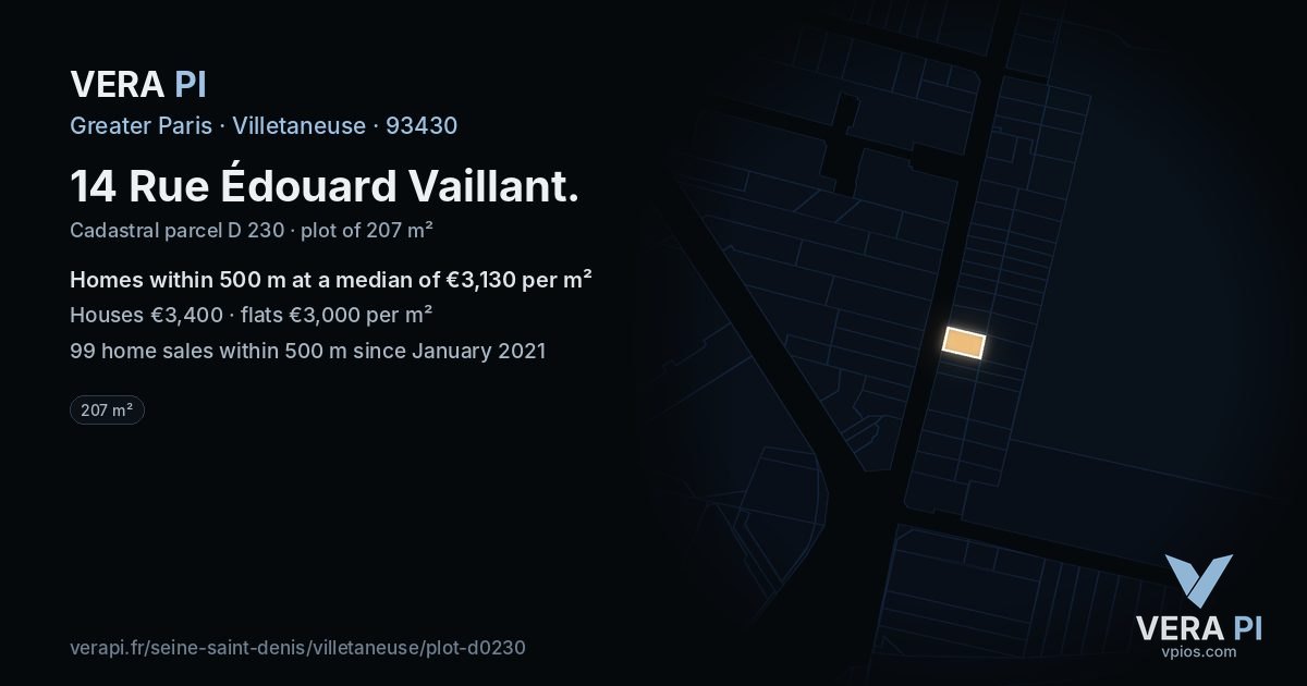 14 Rue Édouard Vaillant, Villetaneuse at night – the plot lit, the parcels around coloured by the prices near them