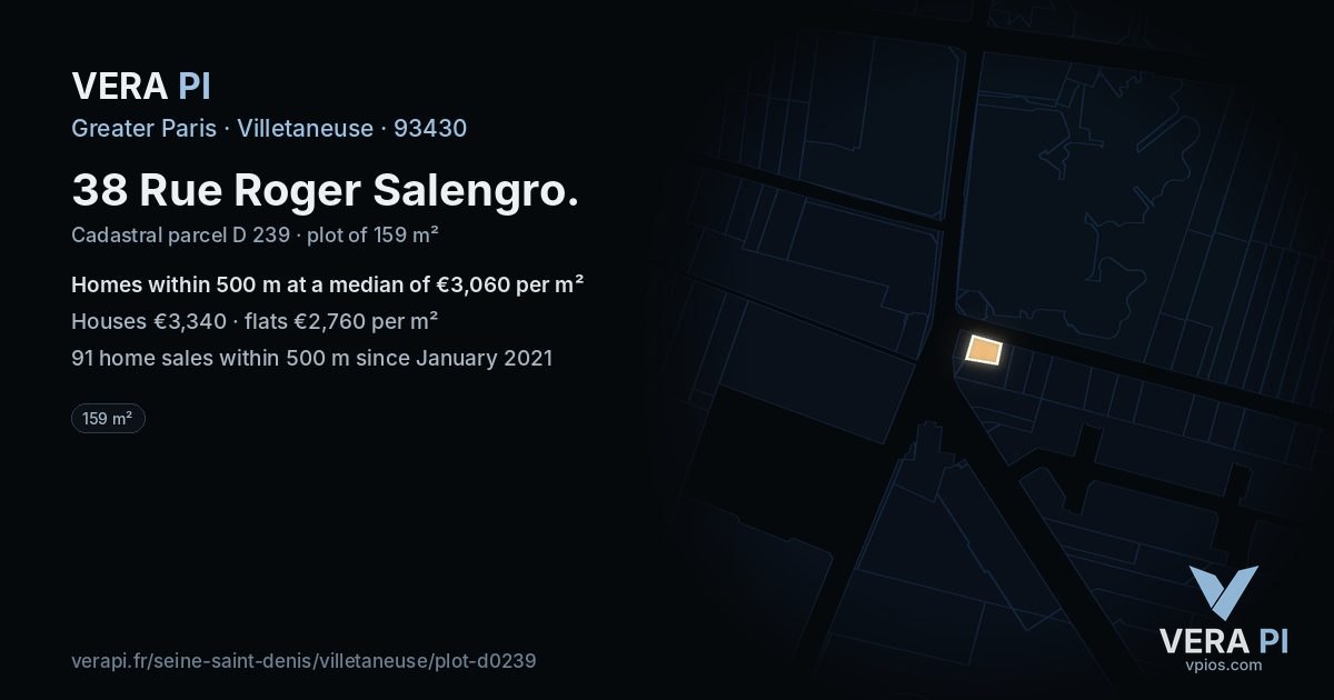 38 Rue Roger Salengro, Villetaneuse at night – the plot lit, the parcels around coloured by the prices near them