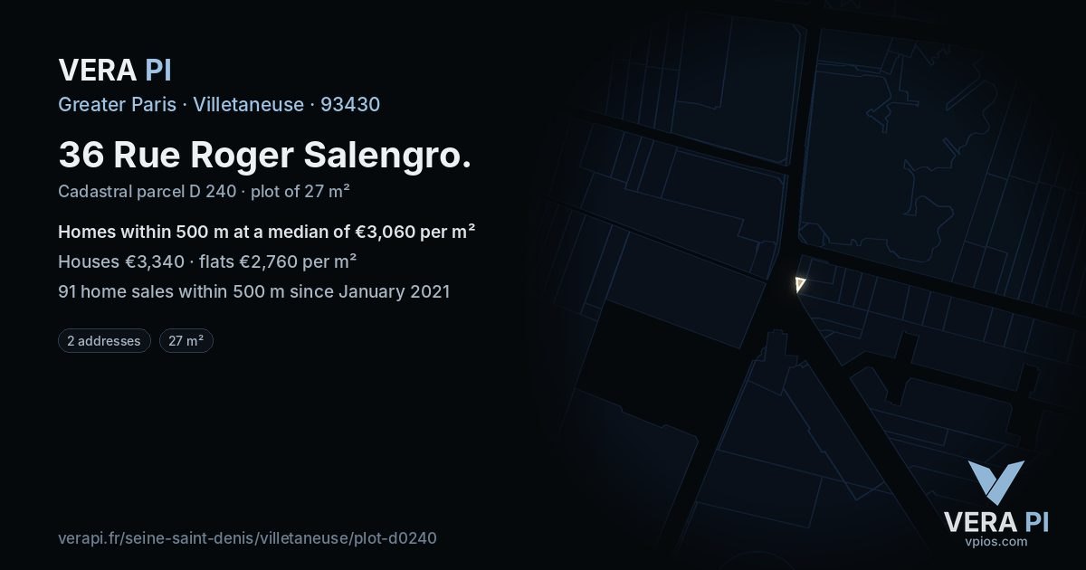 36 Rue Roger Salengro, Villetaneuse at night – the plot lit, the parcels around coloured by the prices near them