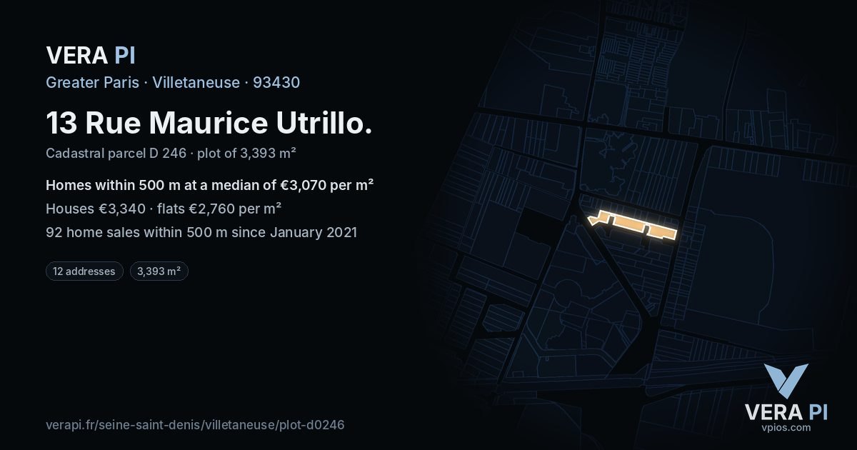 13 Rue Maurice Utrillo, Villetaneuse at night – the plot lit, the parcels around coloured by the prices near them