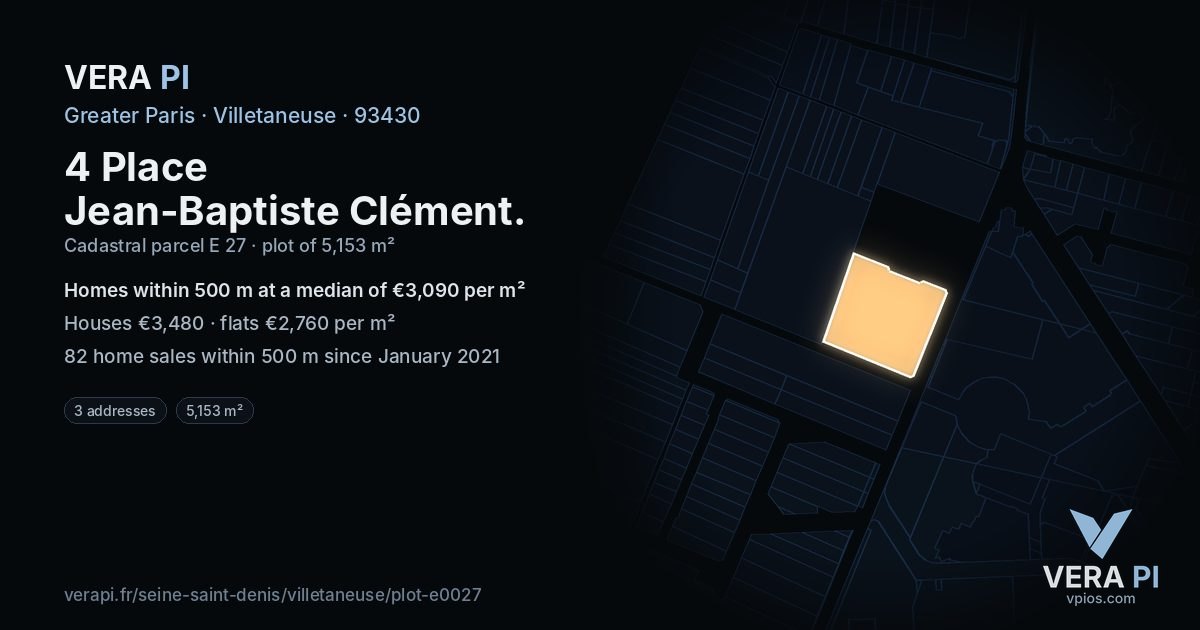 4 Place Jean-Baptiste Clément, Villetaneuse at night – the plot lit, the parcels around coloured by the prices near them
