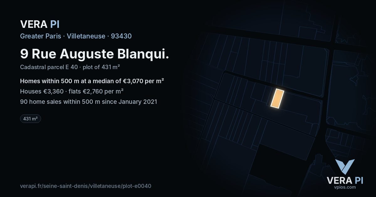 9 Rue Auguste Blanqui, Villetaneuse at night – the plot lit, the parcels around coloured by the prices near them