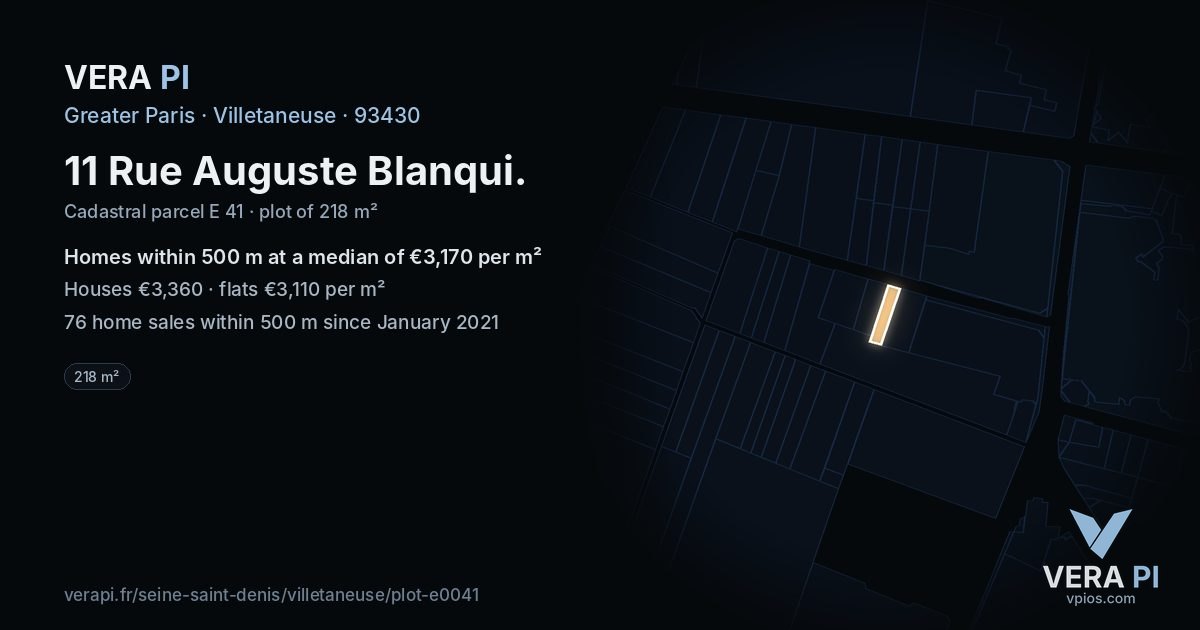 11 Rue Auguste Blanqui, Villetaneuse at night – the plot lit, the parcels around coloured by the prices near them