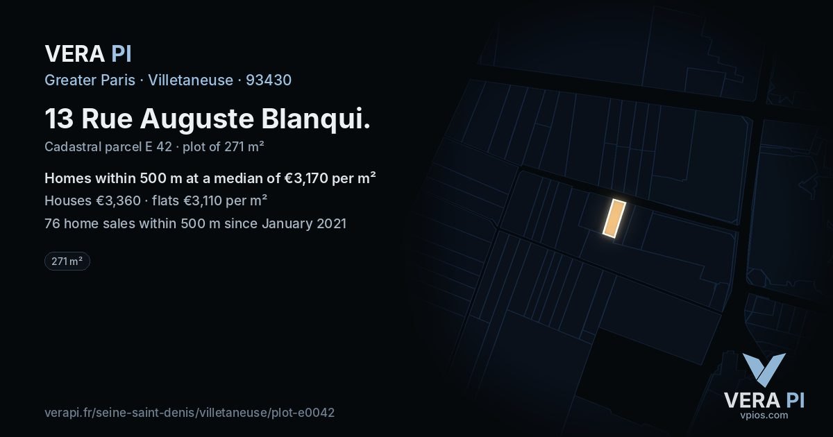 13 Rue Auguste Blanqui, Villetaneuse at night – the plot lit, the parcels around coloured by the prices near them
