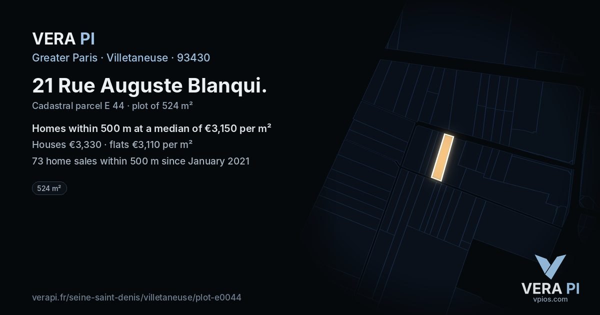 21 Rue Auguste Blanqui, Villetaneuse at night – the plot lit, the parcels around coloured by the prices near them
