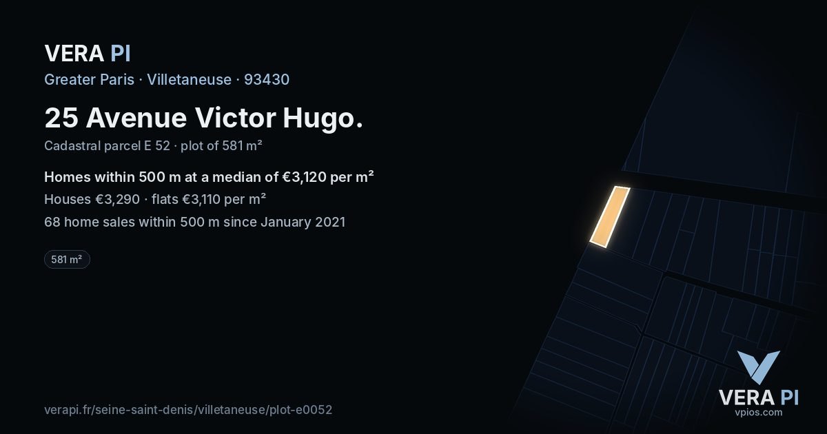 25 Avenue Victor Hugo, Villetaneuse at night – the plot lit, the parcels around coloured by the prices near them