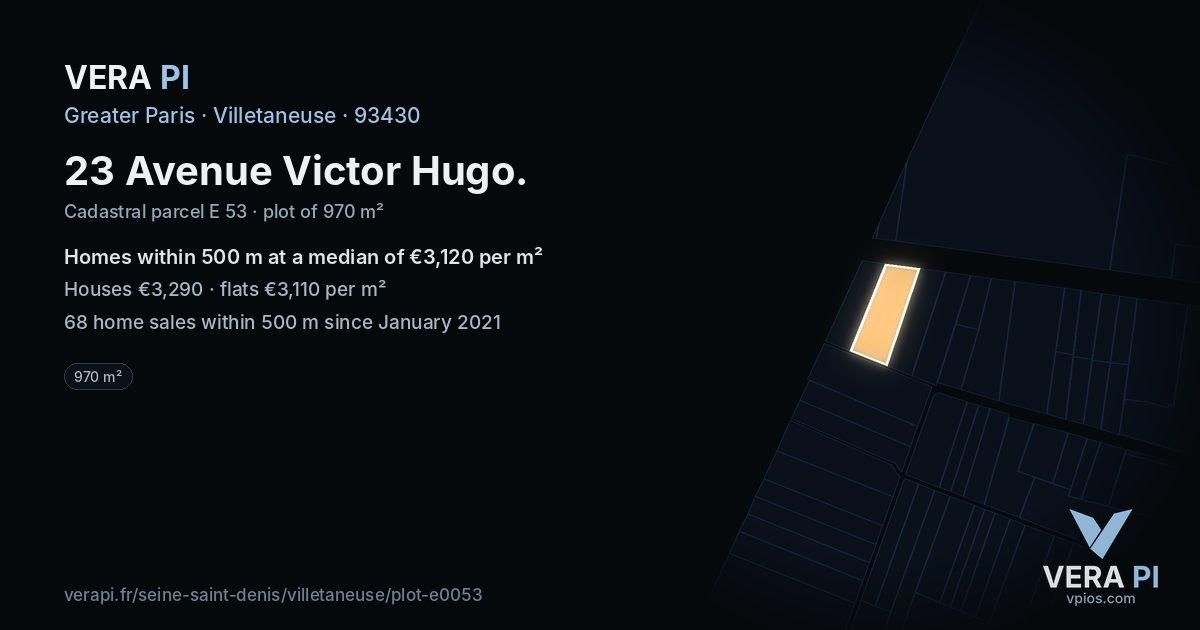 23 Avenue Victor Hugo, Villetaneuse at night – the plot lit, the parcels around coloured by the prices near them