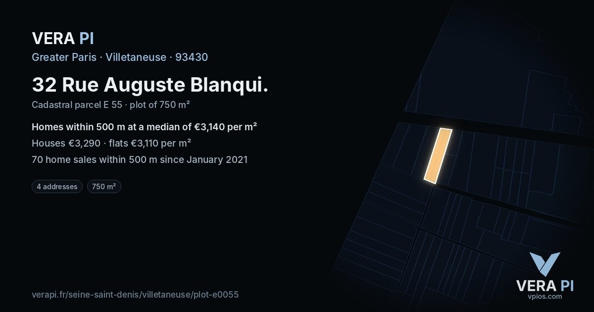 32 Rue Auguste Blanqui, Villetaneuse at night – the plot lit, the parcels around coloured by the prices near them