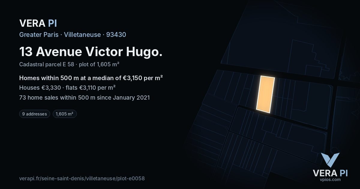 13 Avenue Victor Hugo, Villetaneuse at night – the plot lit, the parcels around coloured by the prices near them