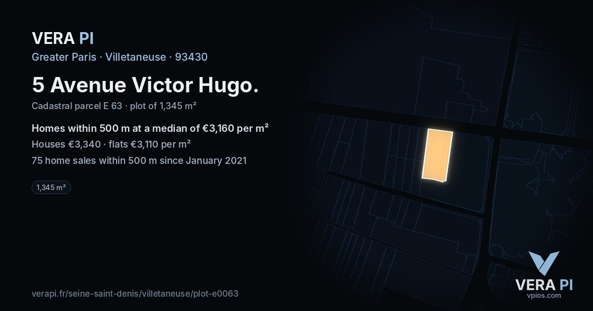 5 Avenue Victor Hugo, Villetaneuse at night – the plot lit, the parcels around coloured by the prices near them