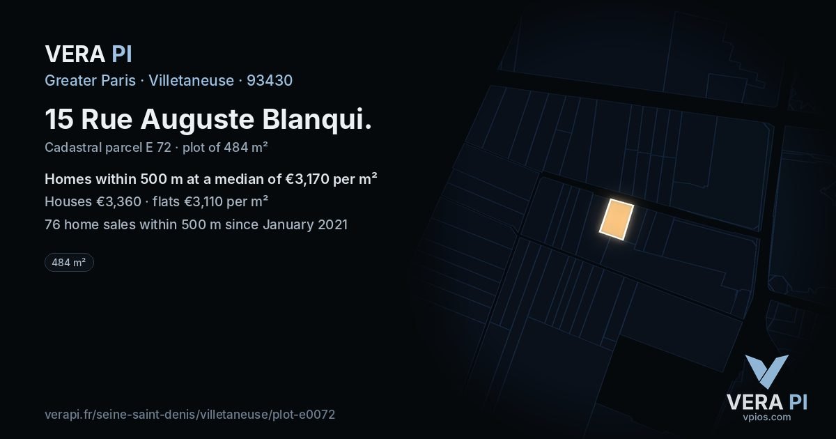 15 Rue Auguste Blanqui, Villetaneuse at night – the plot lit, the parcels around coloured by the prices near them