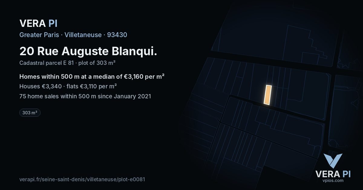 20 Rue Auguste Blanqui, Villetaneuse at night – the plot lit, the parcels around coloured by the prices near them