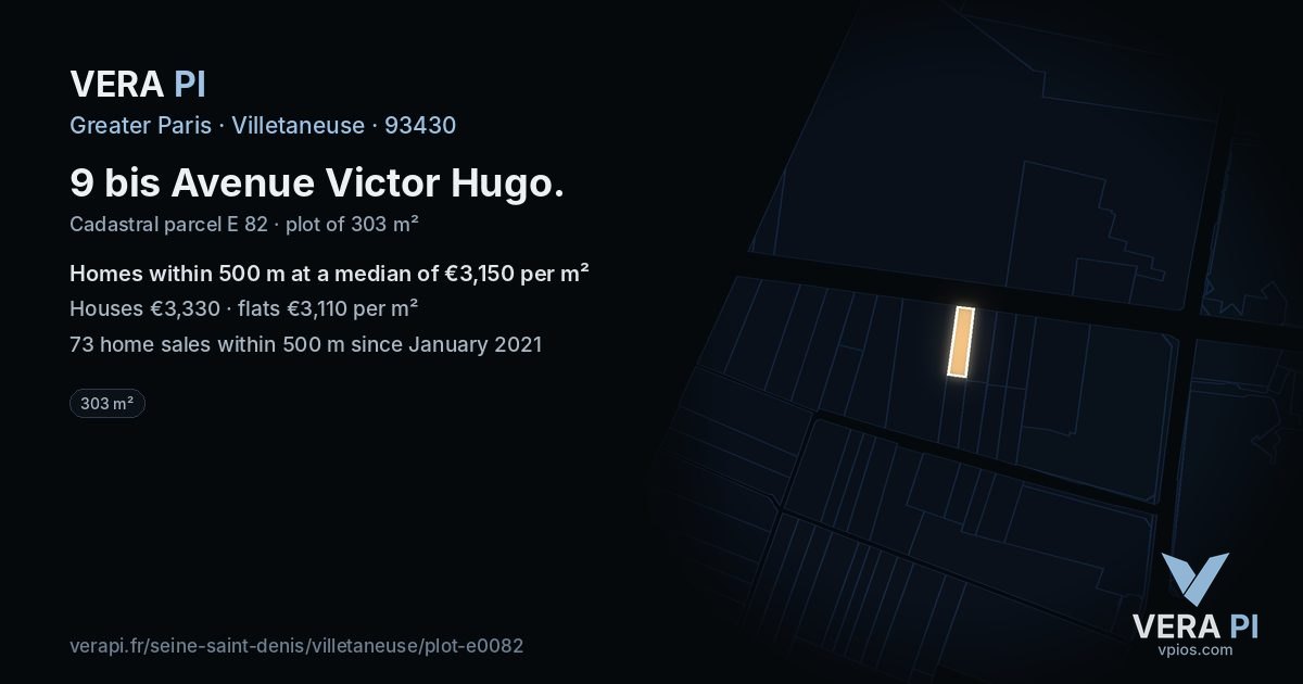 9 bis Avenue Victor Hugo, Villetaneuse at night – the plot lit, the parcels around coloured by the prices near them