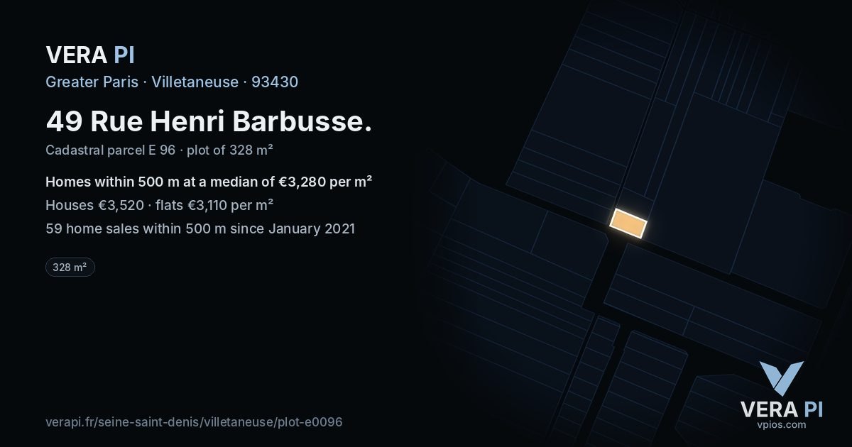 49 Rue Henri Barbusse, Villetaneuse at night – the plot lit, the parcels around coloured by the prices near them