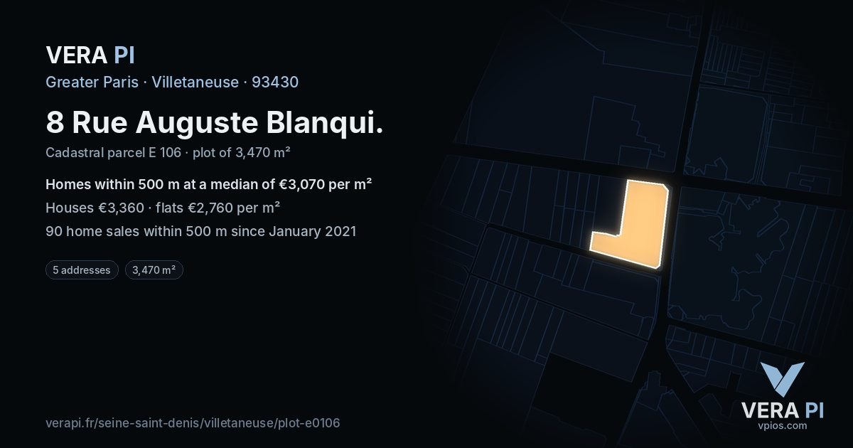 8 Rue Auguste Blanqui, Villetaneuse at night – the plot lit, the parcels around coloured by the prices near them