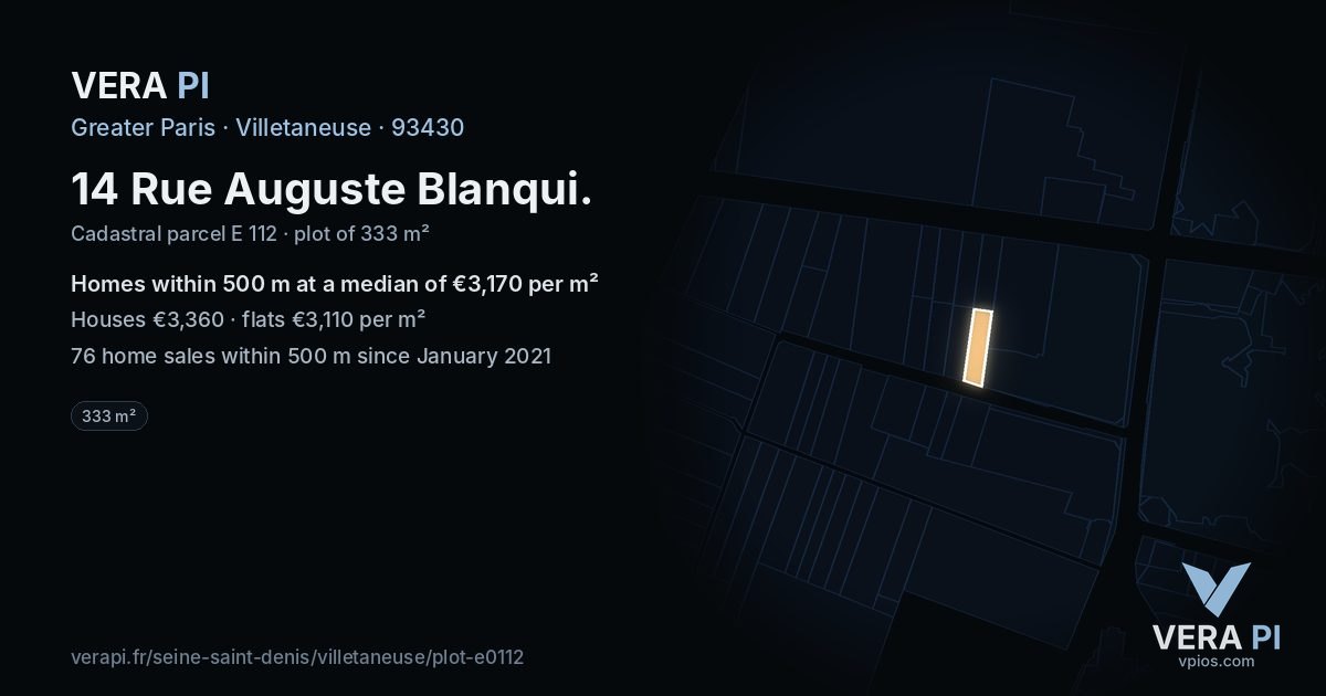14 Rue Auguste Blanqui, Villetaneuse at night – the plot lit, the parcels around coloured by the prices near them
