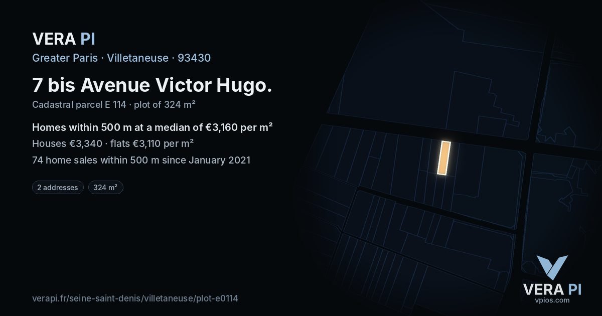 7 bis Avenue Victor Hugo, Villetaneuse at night – the plot lit, the parcels around coloured by the prices near them