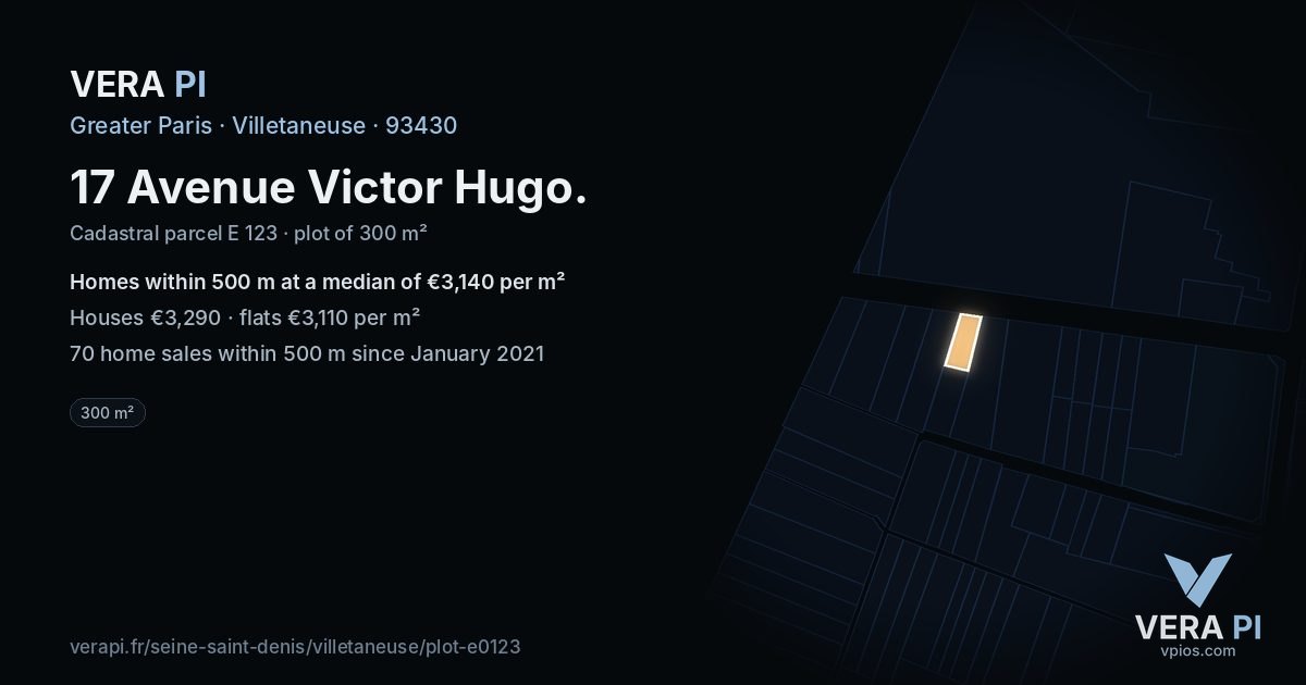 17 Avenue Victor Hugo, Villetaneuse at night – the plot lit, the parcels around coloured by the prices near them