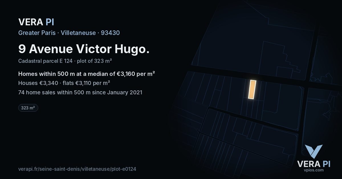 9 Avenue Victor Hugo, Villetaneuse at night – the plot lit, the parcels around coloured by the prices near them