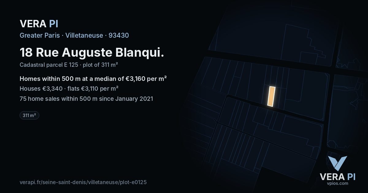 18 Rue Auguste Blanqui, Villetaneuse at night – the plot lit, the parcels around coloured by the prices near them