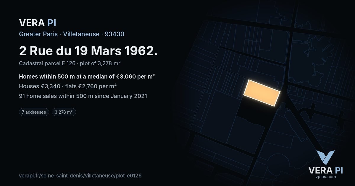 2 Rue du 19 Mars 1962, Villetaneuse at night – the plot lit, the parcels around coloured by the prices near them