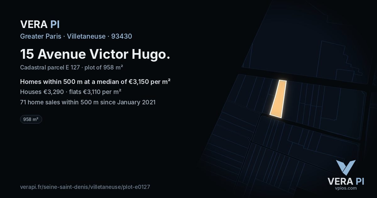 15 Avenue Victor Hugo, Villetaneuse at night – the plot lit, the parcels around coloured by the prices near them