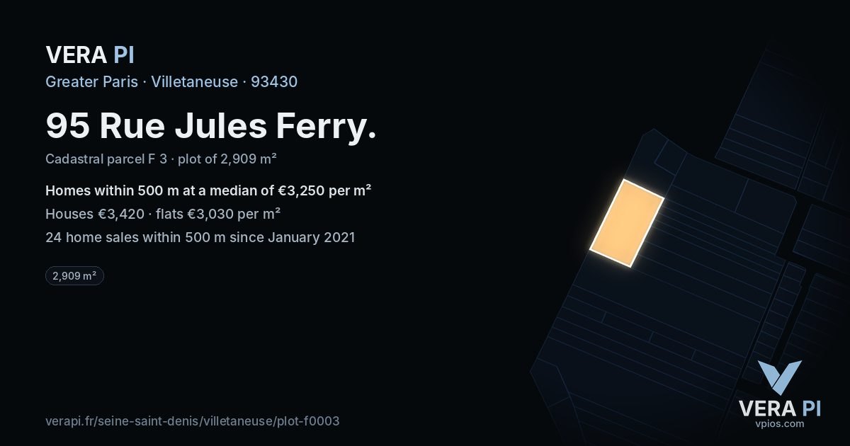 95 Rue Jules Ferry, Villetaneuse at night – the plot lit, the parcels around coloured by the prices near them