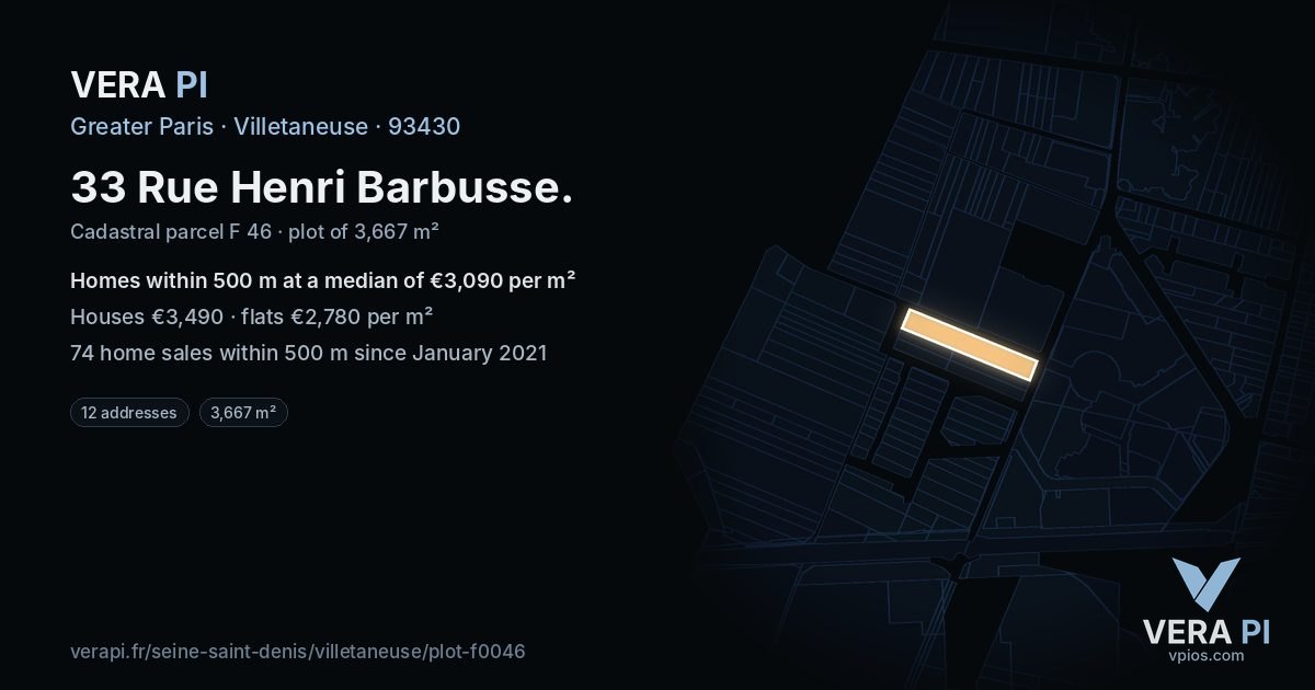 33 Rue Henri Barbusse, Villetaneuse at night – the plot lit, the parcels around coloured by the prices near them