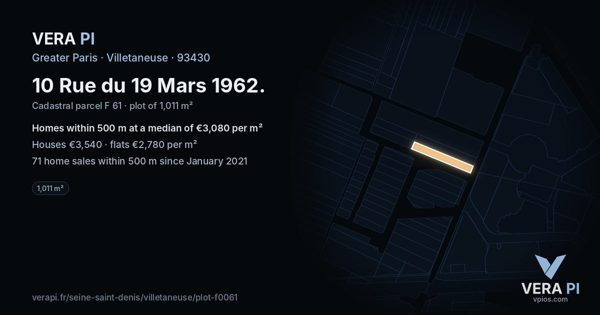 10 Rue du 19 Mars 1962, Villetaneuse at night – the plot lit, the parcels around coloured by the prices near them