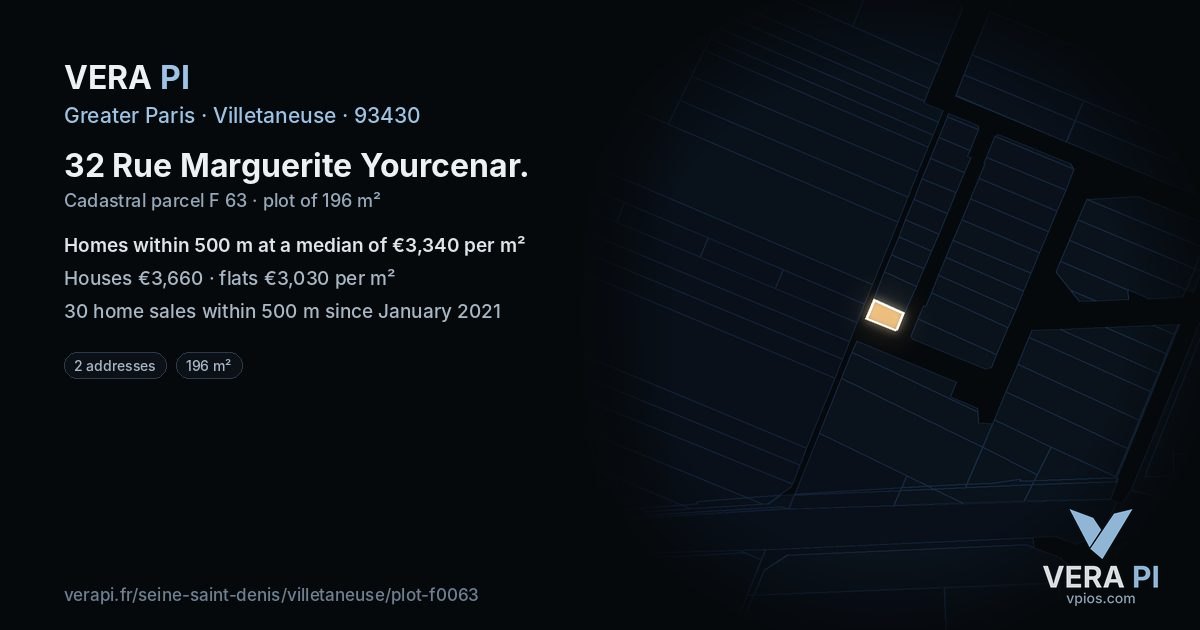 32 Rue Marguerite Yourcenar, Villetaneuse at night – the plot lit, the parcels around coloured by the prices near them