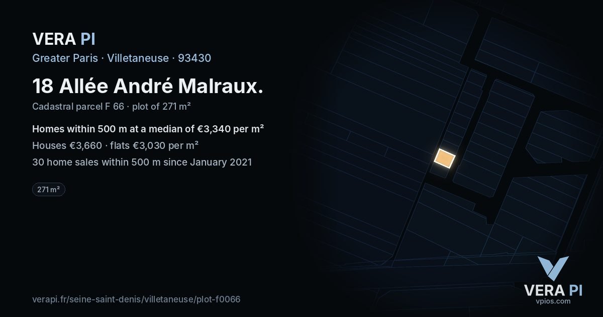 18 Allée André Malraux, Villetaneuse at night – the plot lit, the parcels around coloured by the prices near them