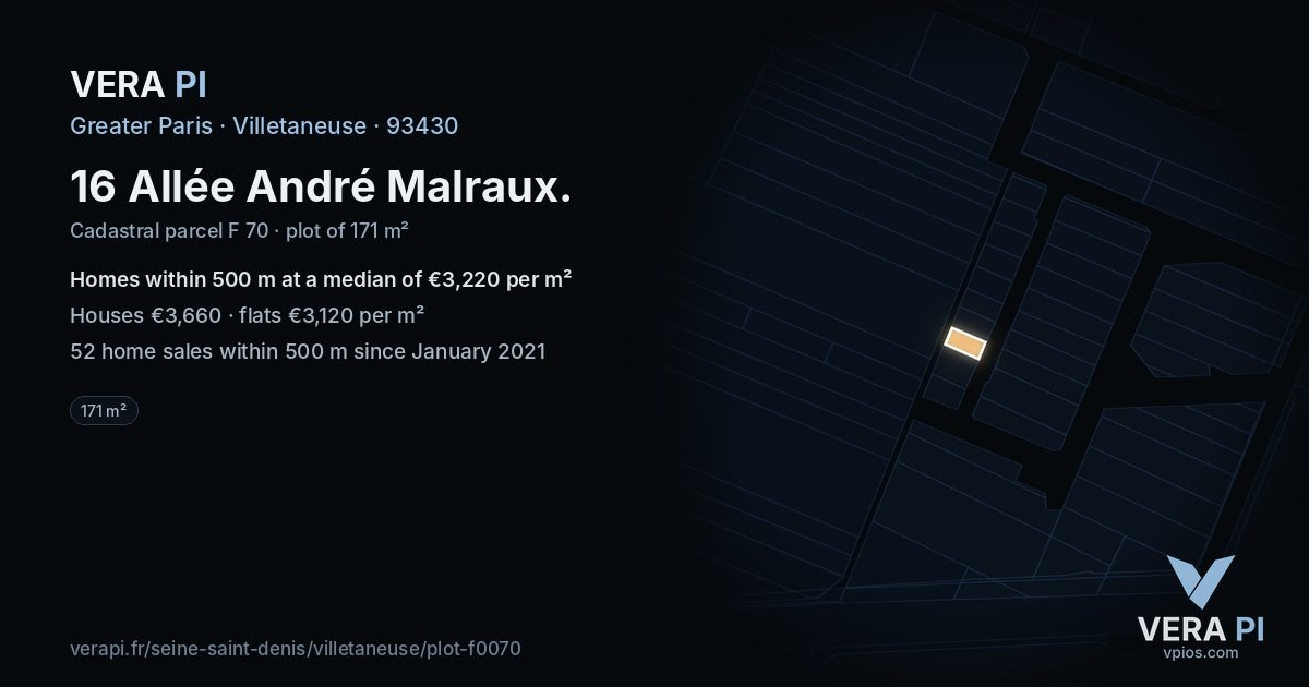16 Allée André Malraux, Villetaneuse at night – the plot lit, the parcels around coloured by the prices near them