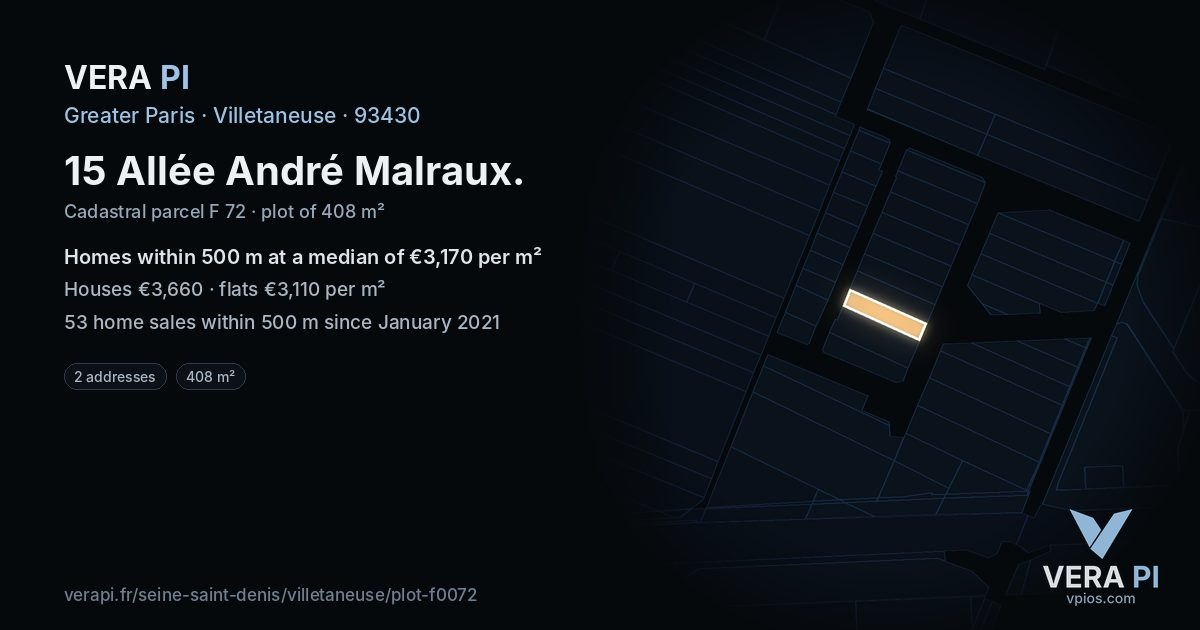 15 Allée André Malraux, Villetaneuse at night – the plot lit, the parcels around coloured by the prices near them