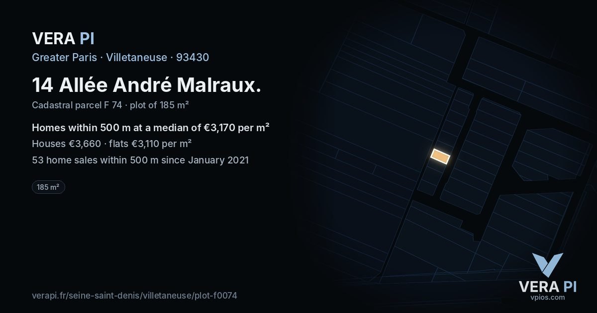 14 Allée André Malraux, Villetaneuse at night – the plot lit, the parcels around coloured by the prices near them
