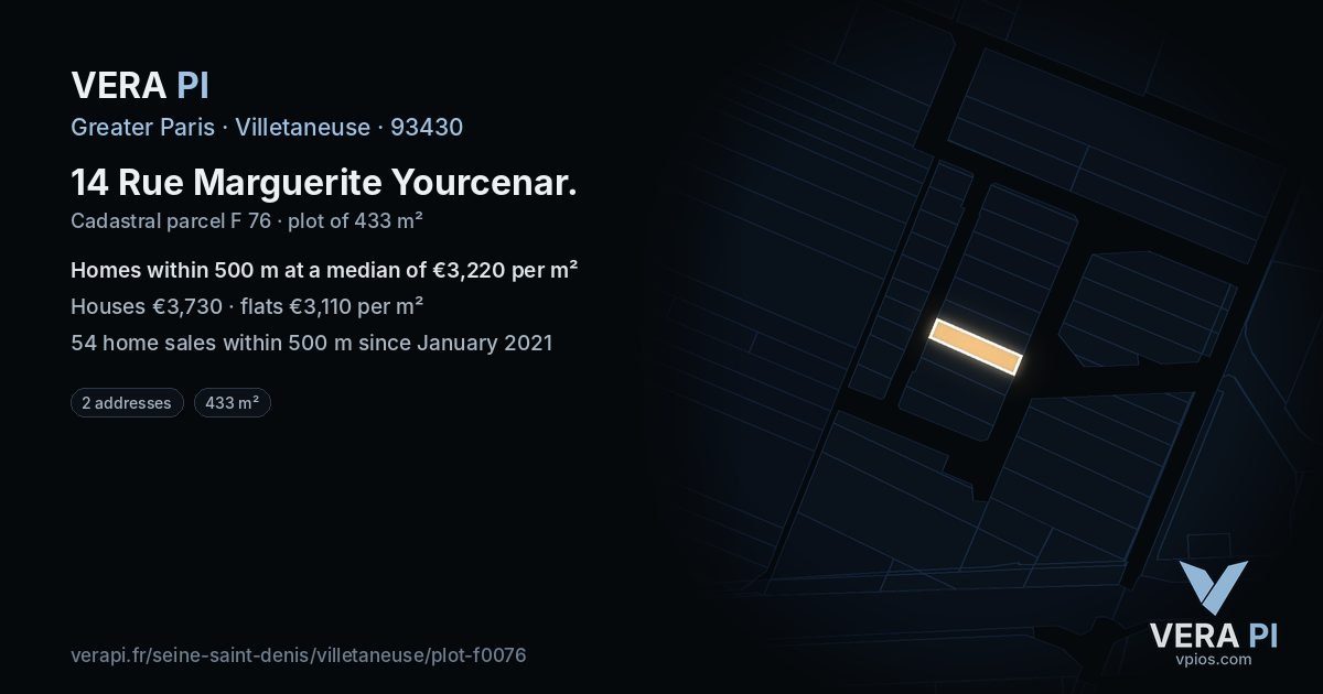 14 Rue Marguerite Yourcenar, Villetaneuse at night – the plot lit, the parcels around coloured by the prices near them