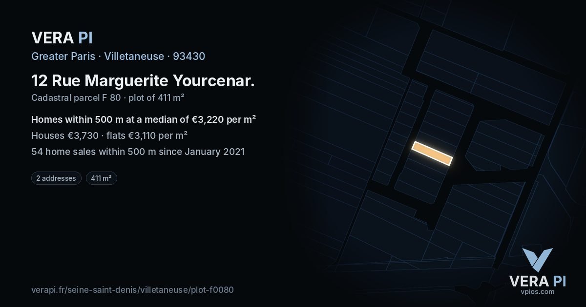 12 Rue Marguerite Yourcenar, Villetaneuse at night – the plot lit, the parcels around coloured by the prices near them