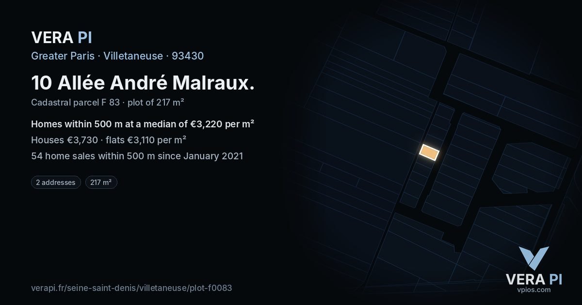 10 Allée André Malraux, Villetaneuse at night – the plot lit, the parcels around coloured by the prices near them