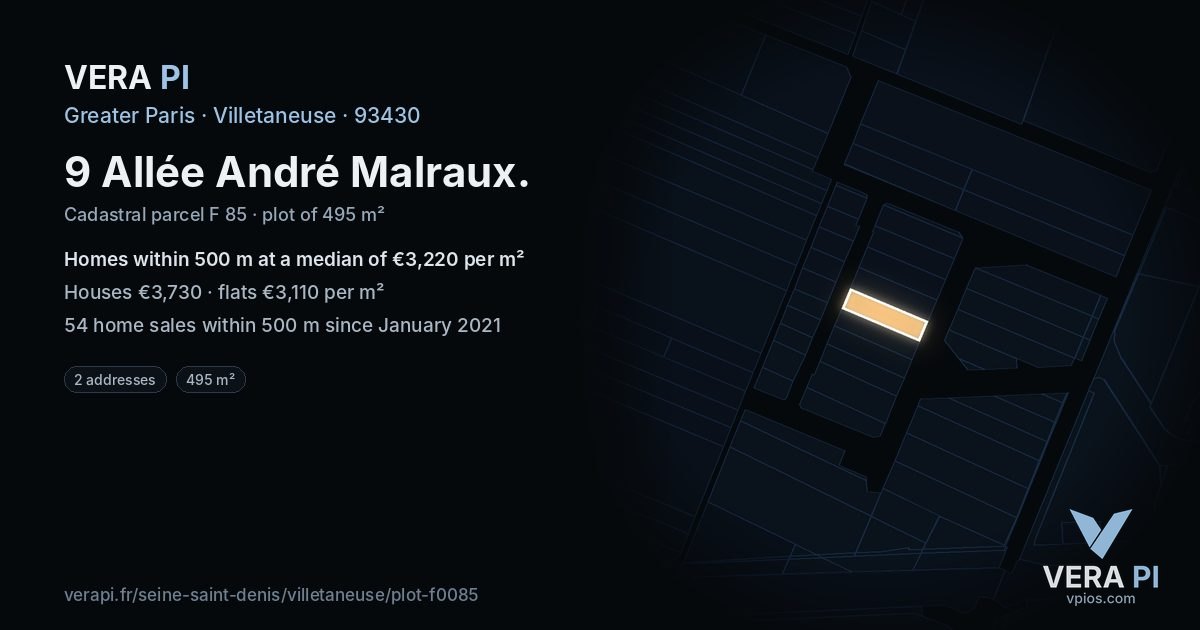 9 Allée André Malraux, Villetaneuse at night – the plot lit, the parcels around coloured by the prices near them