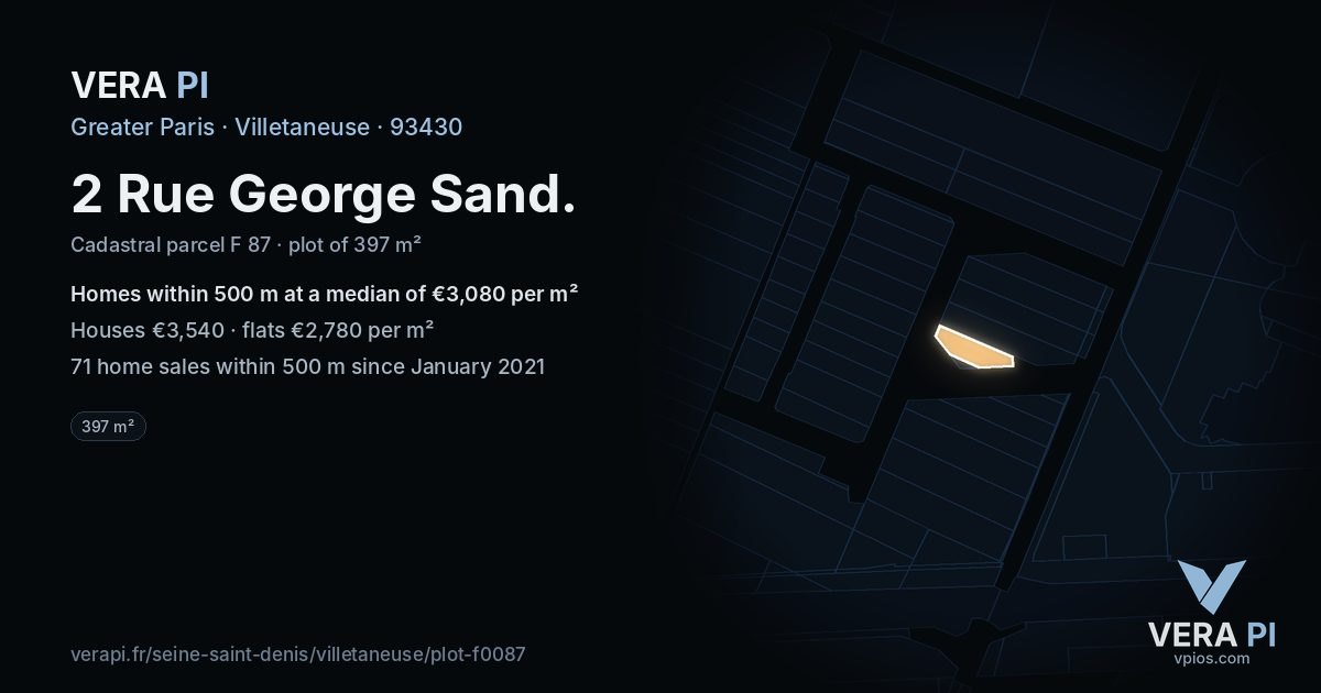 2 Rue George Sand, Villetaneuse at night – the plot lit, the parcels around coloured by the prices near them