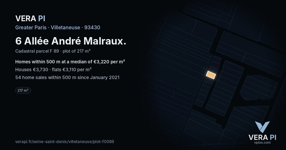 6 Allée André Malraux, Villetaneuse at night – the plot lit, the parcels around coloured by the prices near them