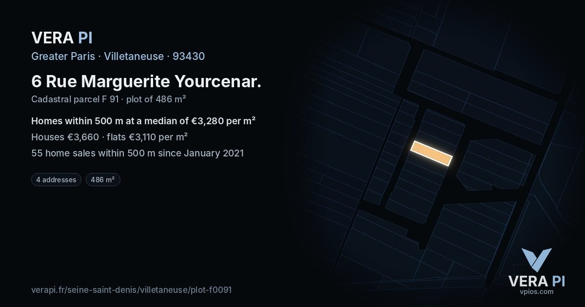 6 Rue Marguerite Yourcenar, Villetaneuse at night – the plot lit, the parcels around coloured by the prices near them